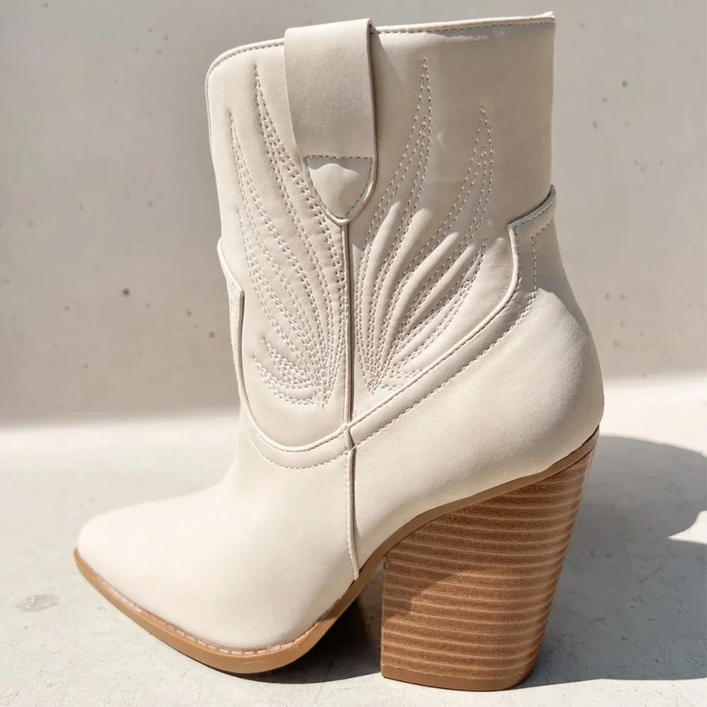 NEW Beige Distress Nubuck PU Western Cowboy Block Heel Ankle Booties Boots Shoe - Picture 8 of 13